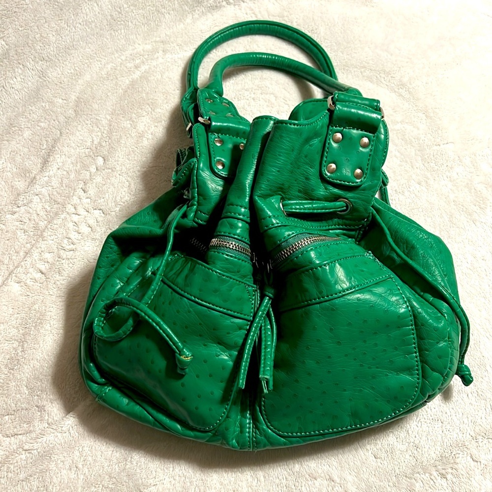 Bueno. Green Leather Bag. Like New. Ostrich print. Silver hardware. - Picture 2 of 10